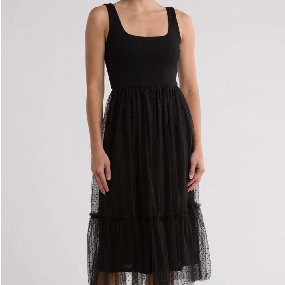 Mixed Media Tulle Midi Dress by Lush in Black
